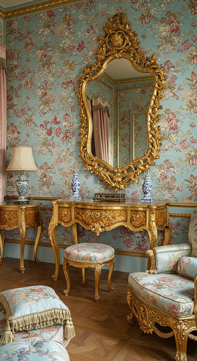 Ornate gold mirror and matching console table against a blue floral wallpaper.