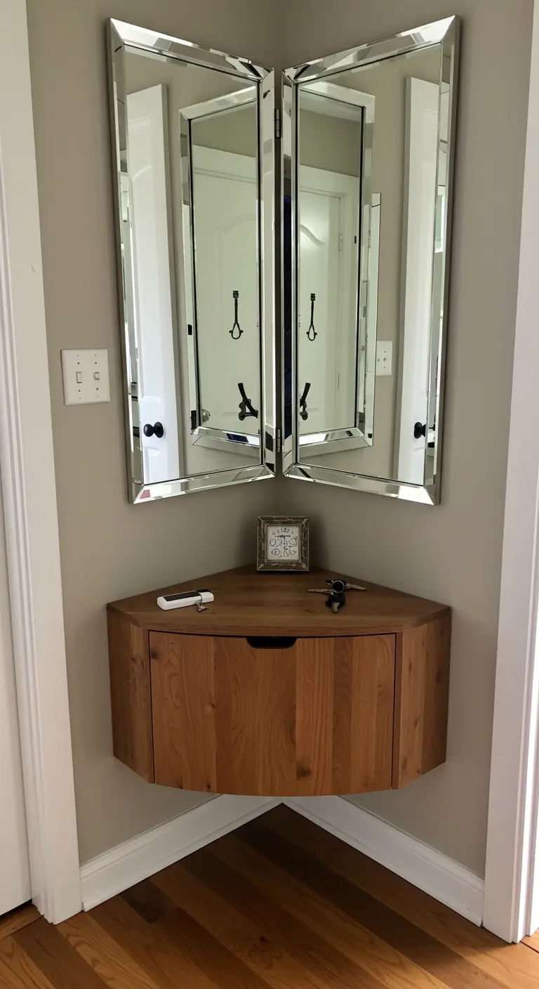 A floating wood corner cabinet with two beveled, mirrored doors reflecting the entryway.