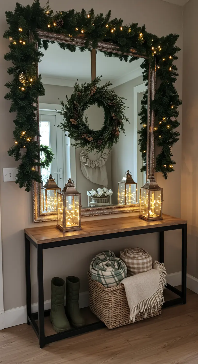 Entryway console table with a large mirror framed by lit garland and lanterns on the table.