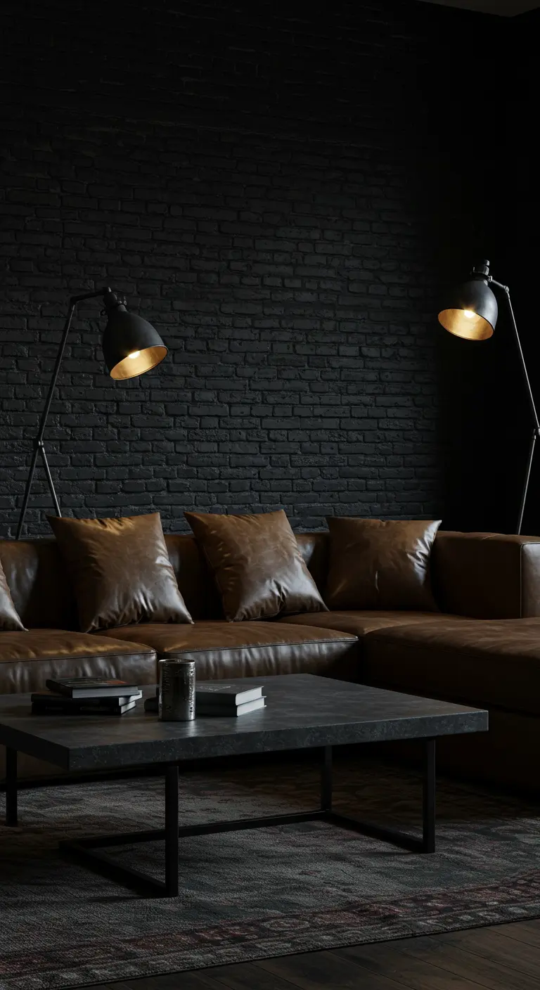 A brown leather sectional in a dark room flanked by two matching black industrial floor lamps.