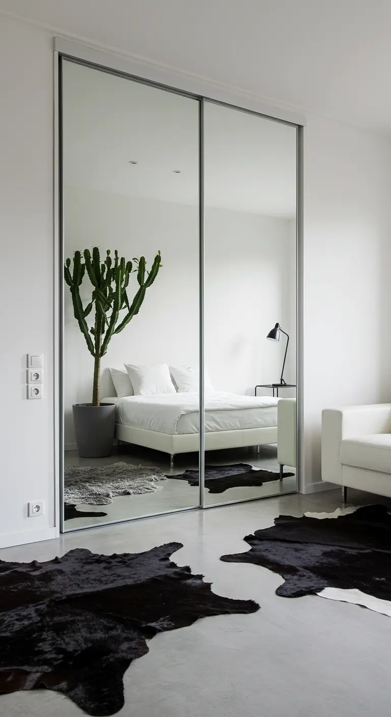 Minimalist room with large mirrored sliding doors reflecting a bed and a cactus.