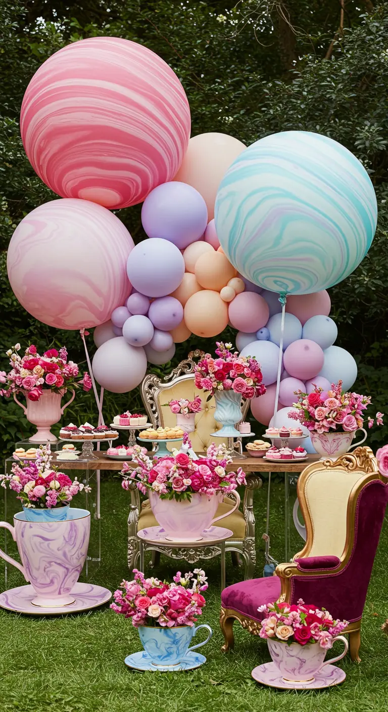 Whimsical tea party with oversized teacups and marbled balloons.