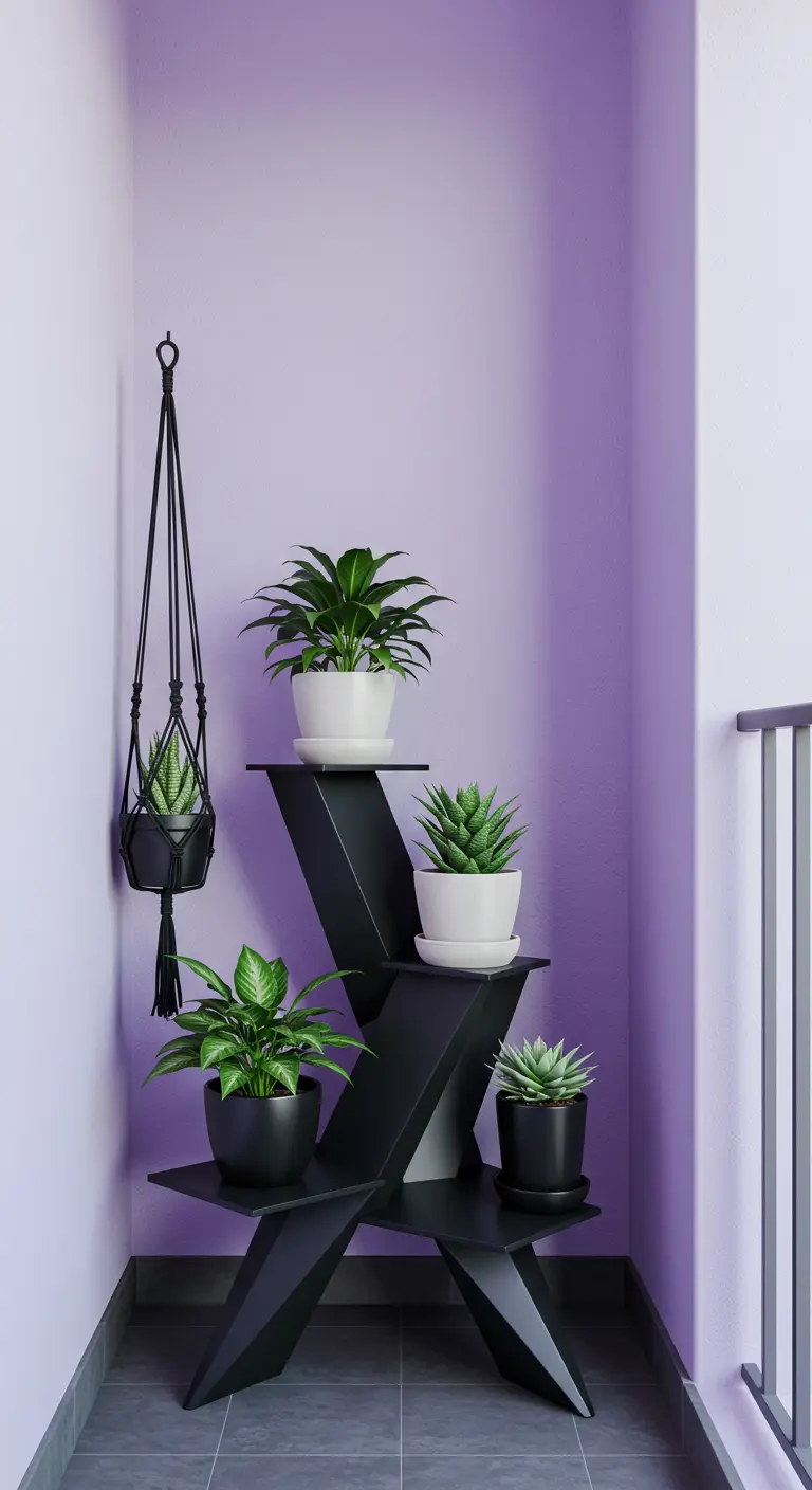 A modern black plant stand and hanger against a light purple wall.