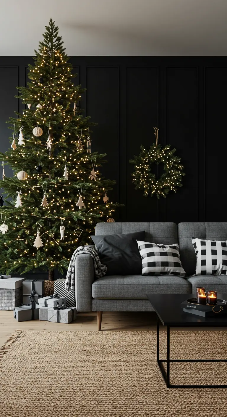 A Christmas tree with warm lights set against a dramatic black wall in a modern living room.