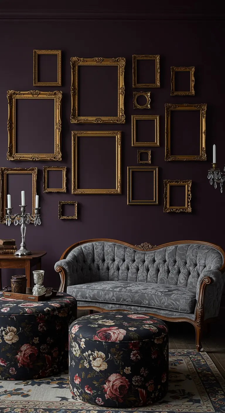 Moody living room with a plum wall, a gallery of empty ornate gold frames, and a floral ottoman.
