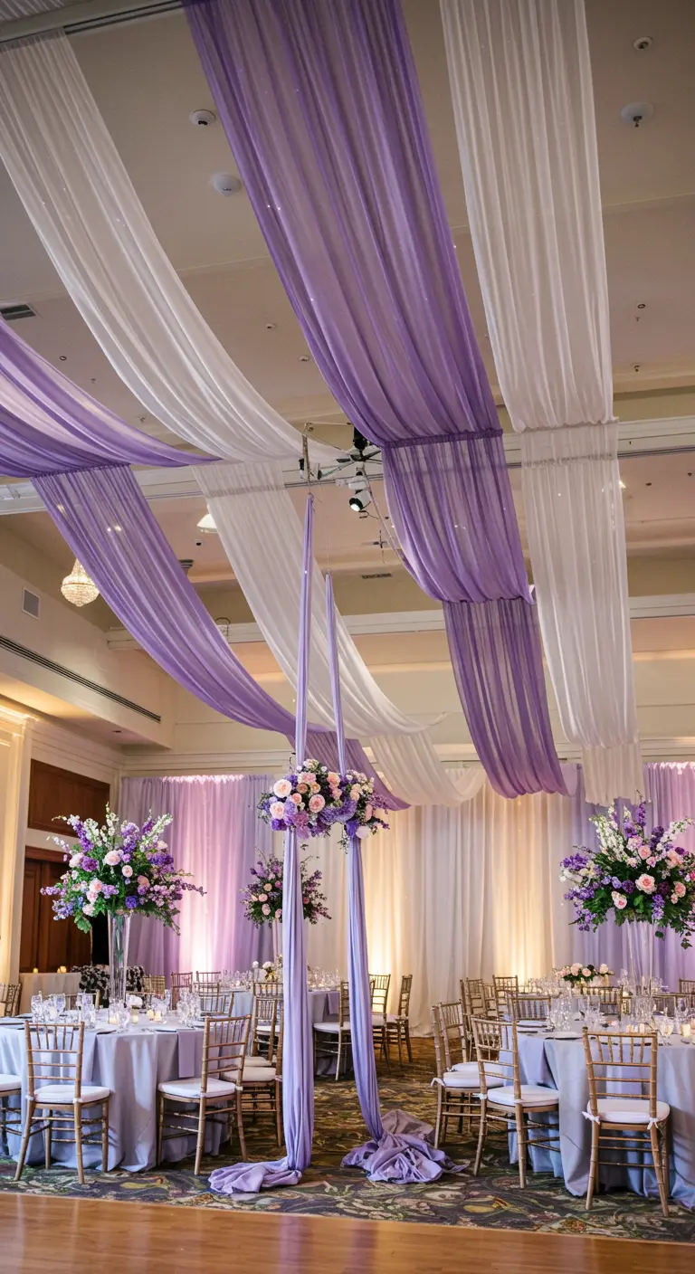 A party hall with lavender and white fabric draped across the ceiling.
