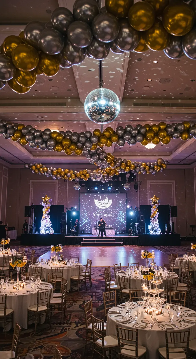 A large ballroom with silver and gold balloon garlands draped across the ceiling and a central disco ball.