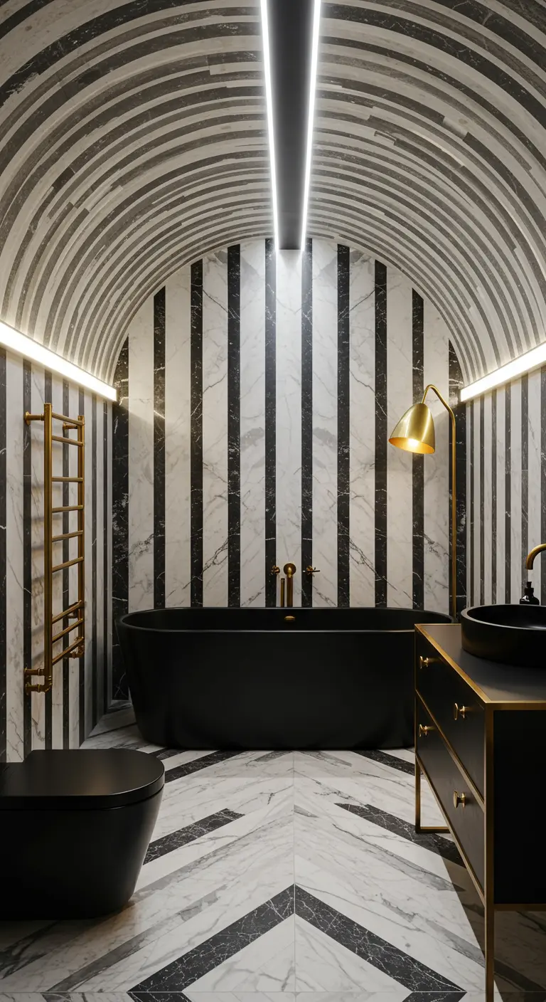 Bathroom with a barrel-vaulted ceiling covered in black and white striped marble tiles.