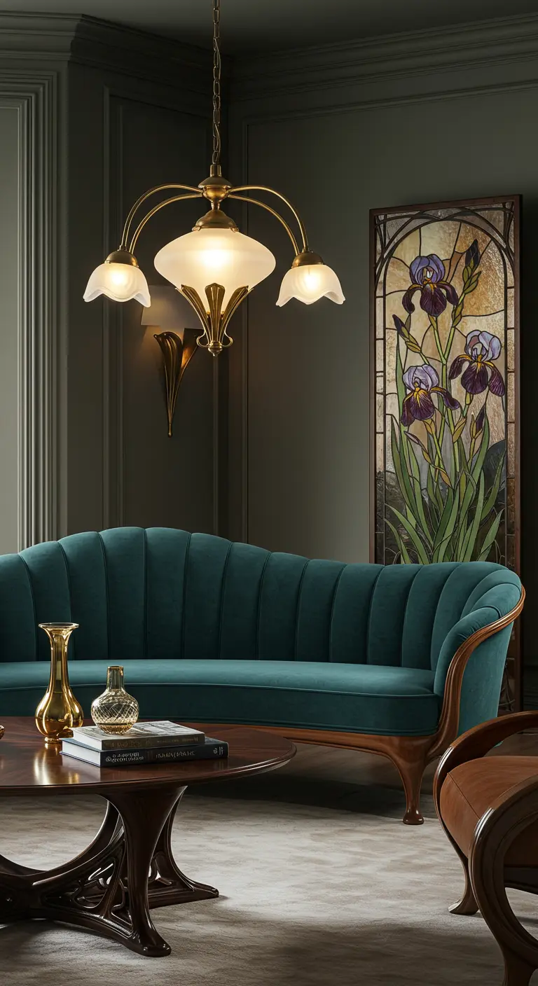 An Art Nouveau-inspired living room with a curved teal velvet sofa and a brass chandelier with floral-shaped shades.