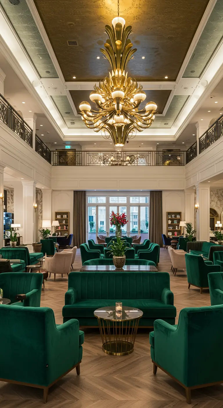 A grand hotel lobby with soaring ceilings, a massive chandelier, and symmetrical groupings of emerald sofas.