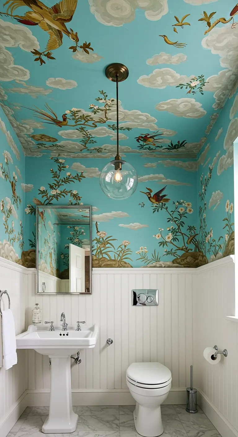 Powder room with Chinoiserie wallpaper on the ceiling and white beadboard walls.