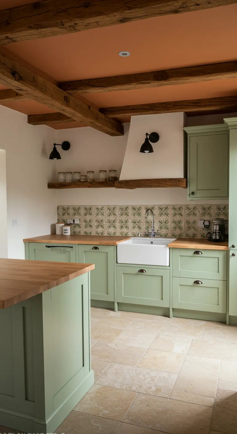 Kitchen with sage green cabinets, exposed beams, and a terra cotta painted ceiling.