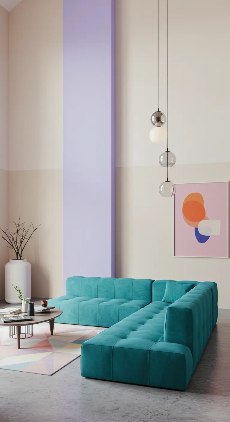 Tall room with a lavender stripe behind a vibrant teal modular sectional sofa.