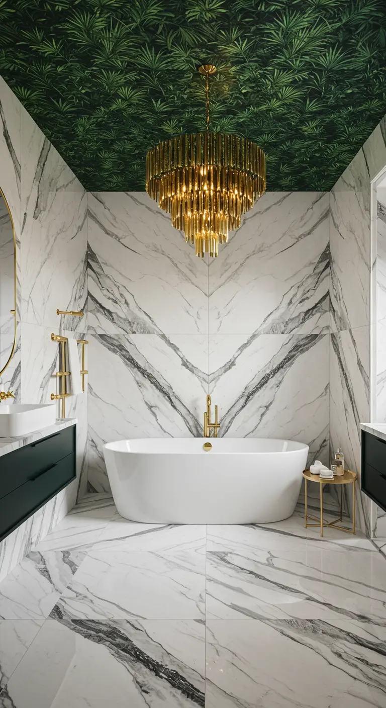 Luxe bathroom with marble walls, a wallpapered ceiling, and a large gold chandelier.