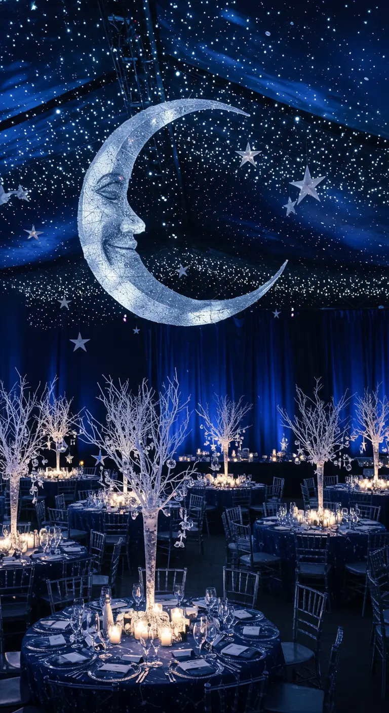 An event space with a giant crescent moon hanging from a ceiling covered in star-like lights.