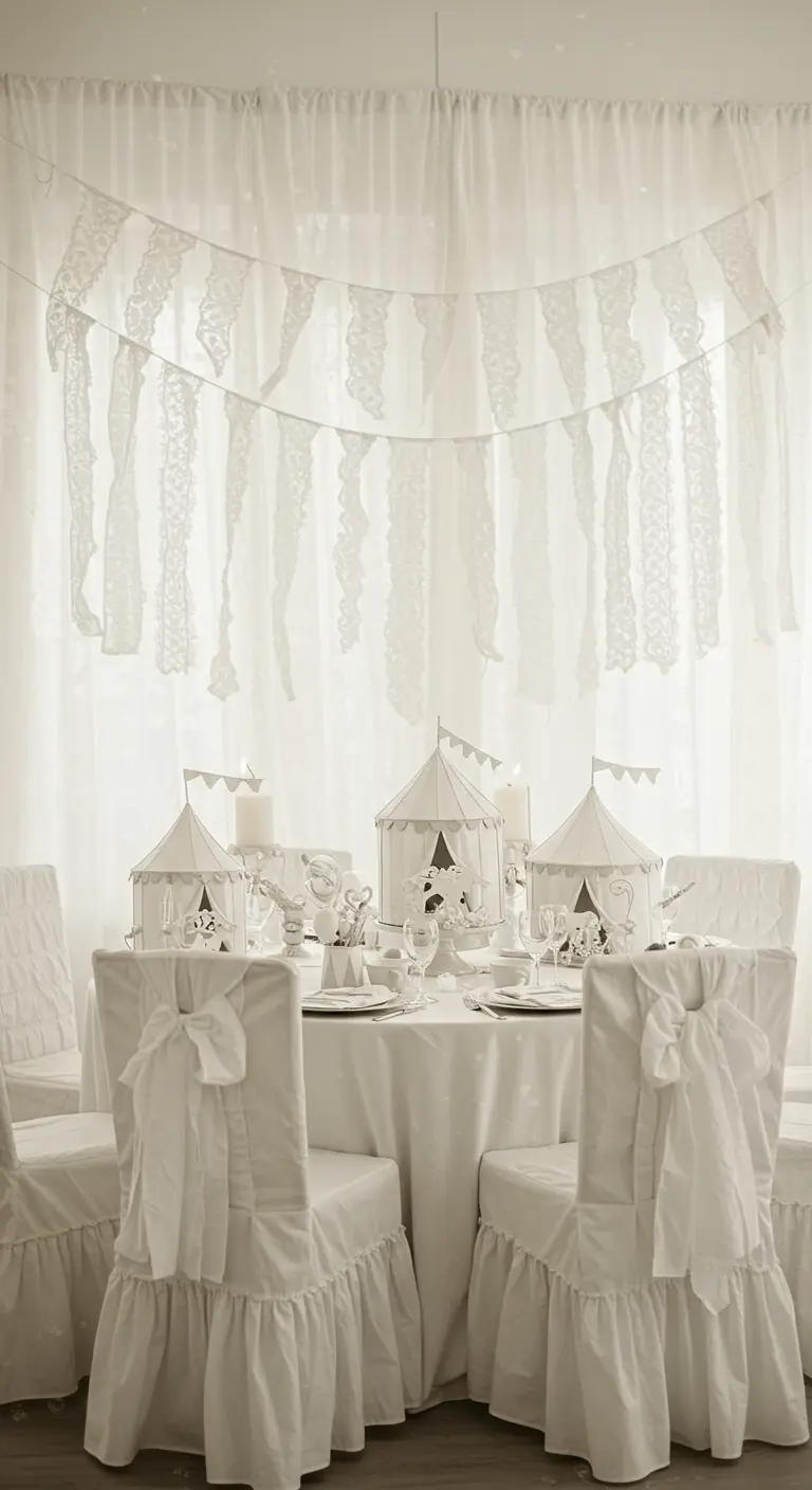 An all-white circus party table with lace banners and white tent centerpieces.