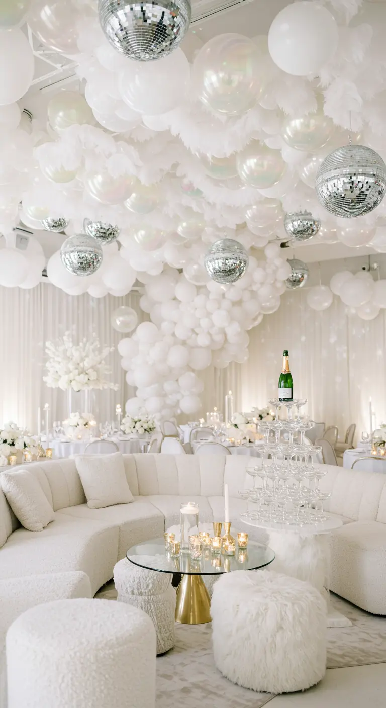 An all-white party with a cloud-like balloon ceiling, white furniture, and silver disco balls.