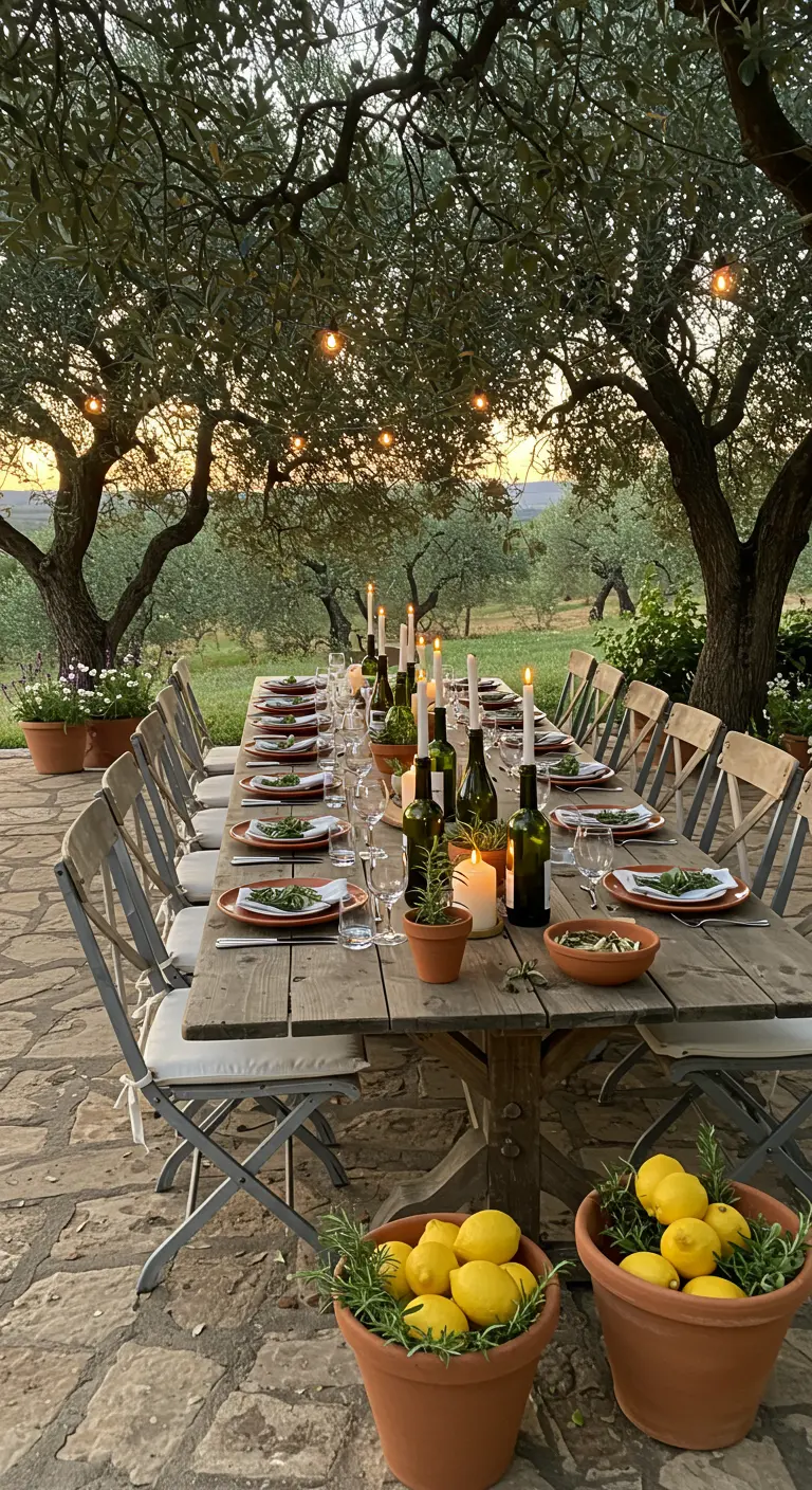 A rustic wooden table set for dinner under olive trees, decorated with lemons and rosemary.