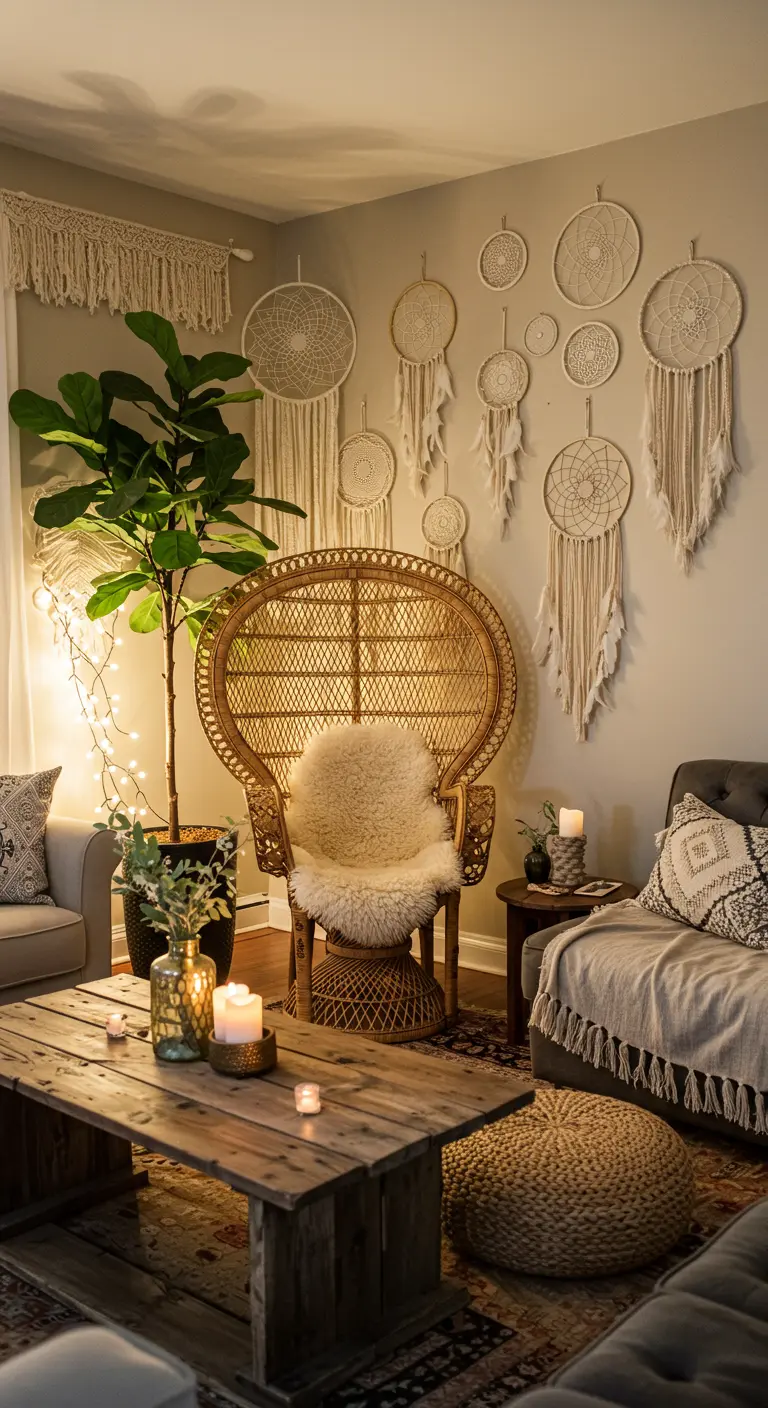 Living room with a peacock chair and a wall decorated with multiple white macramé dreamcatchers.