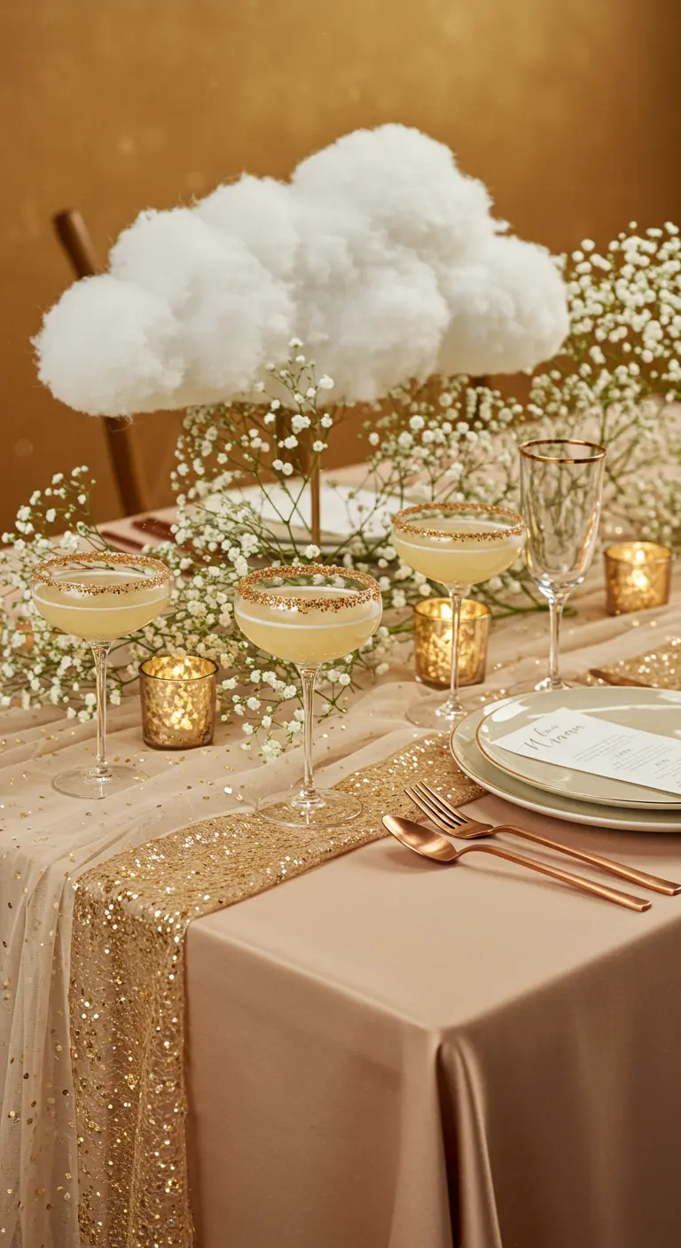 An elegant table setting with a fluffy white cloud centerpiece surrounded by baby's breath.