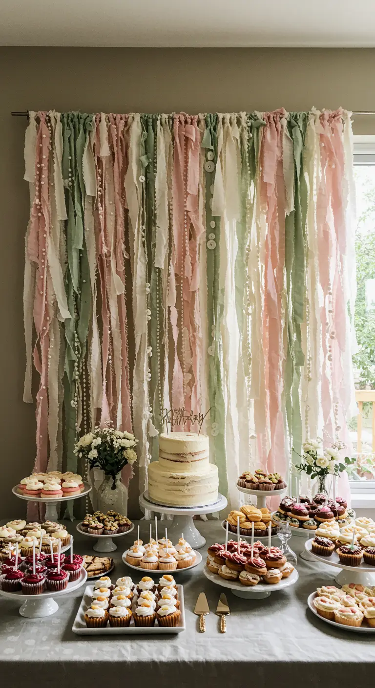 A pastel pink, green, and white fabric strip garland behind a birthday dessert table.