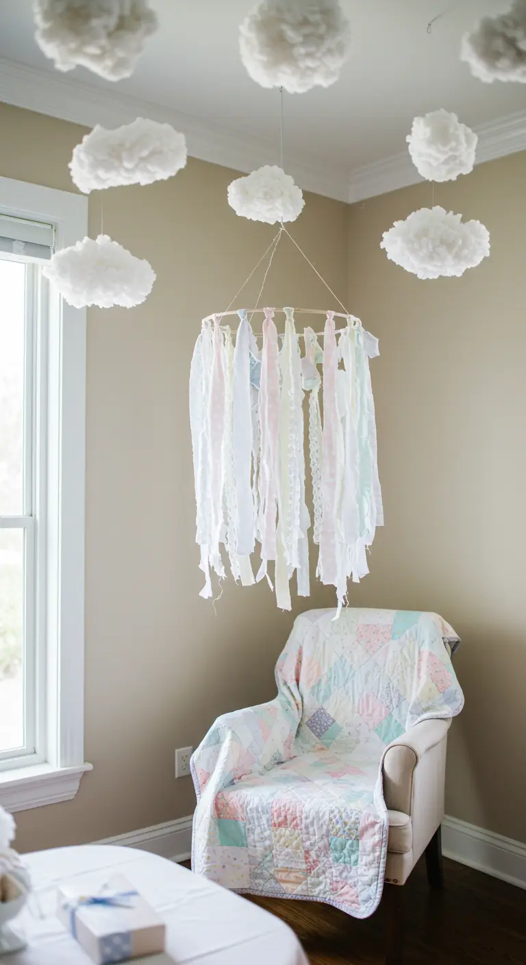 A nursery mobile made from strips of pastel fabric and lace hanging from the ceiling.