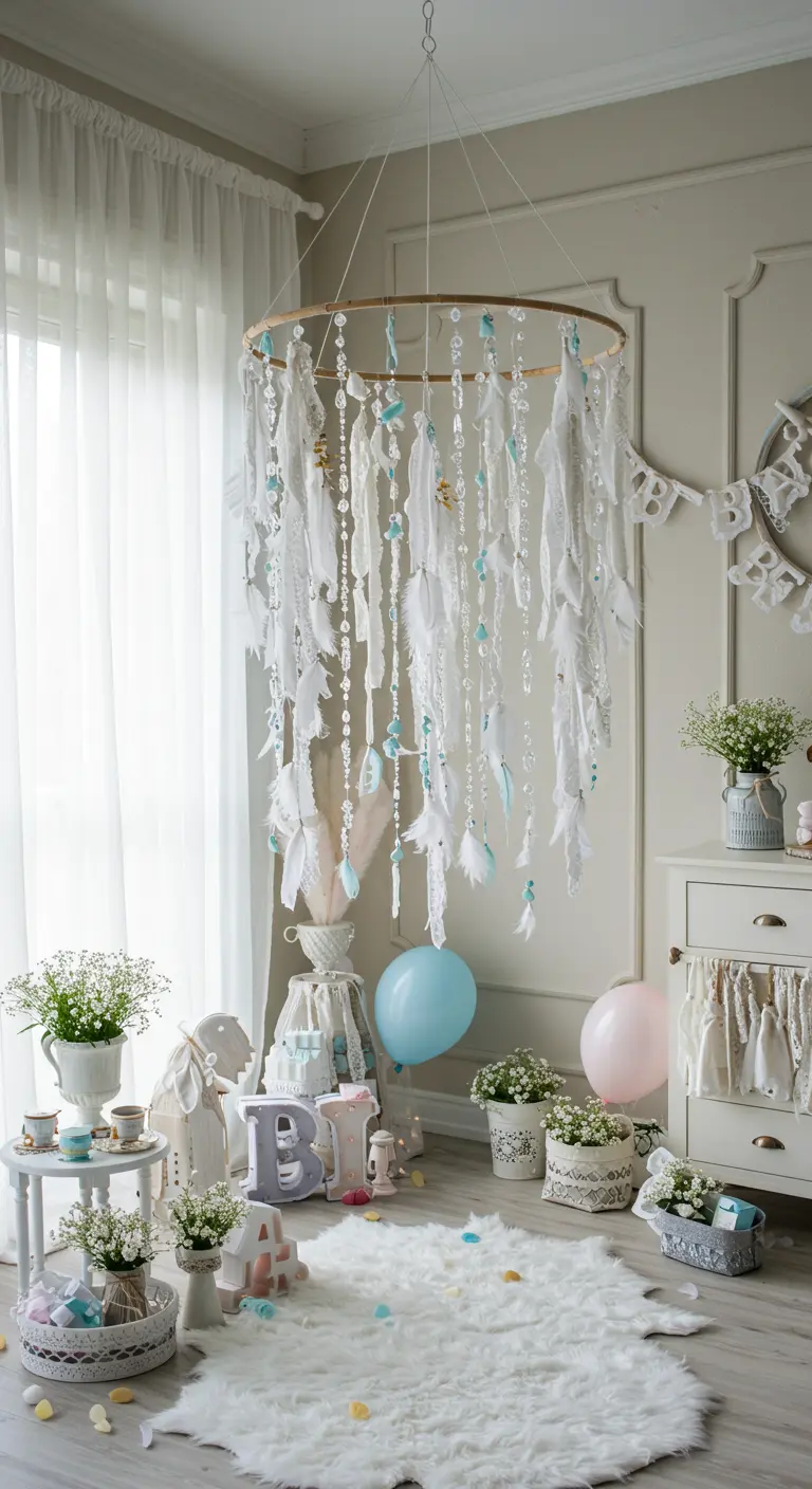 A large DIY mobile of white fabric, lace, feathers, and crystal beads in a baby's room.