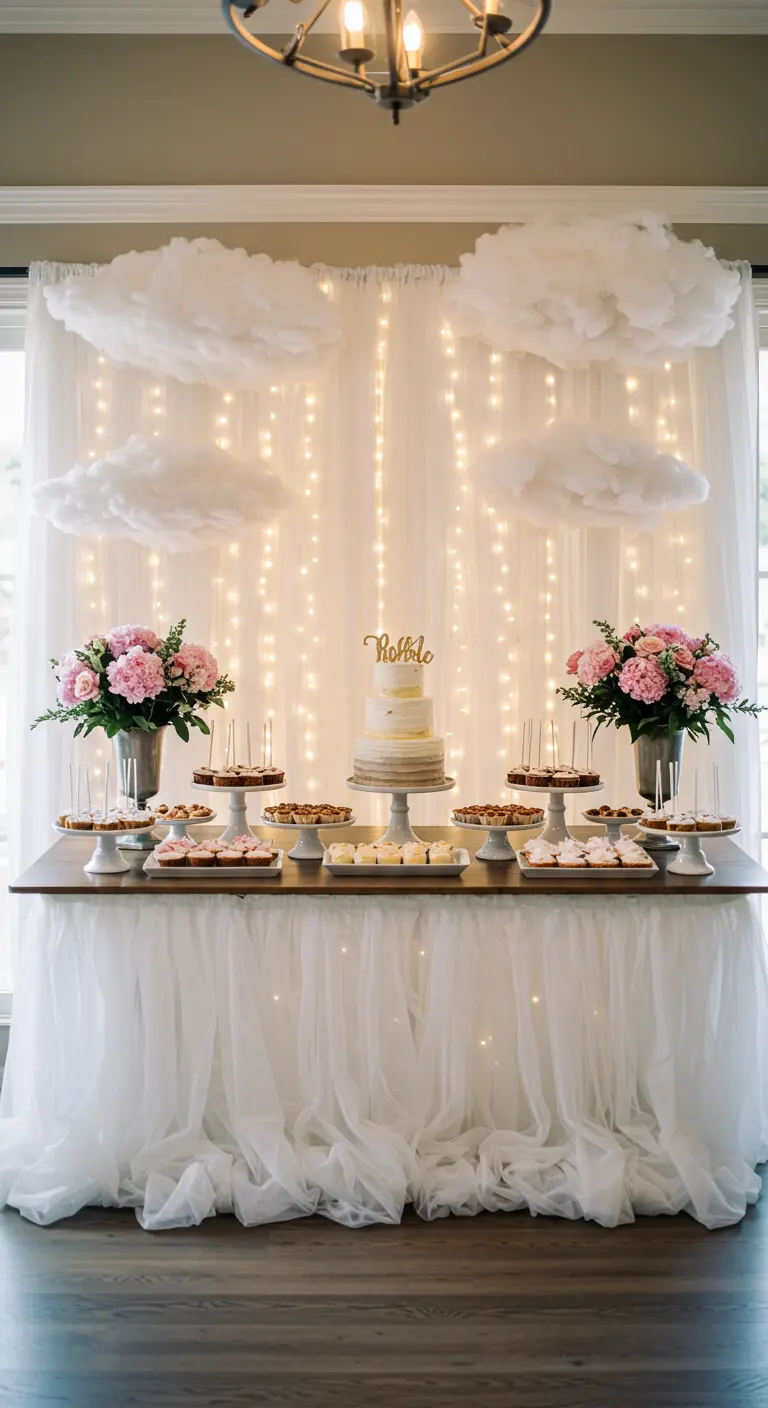 A dessert table with a white tulle and fairy light backdrop