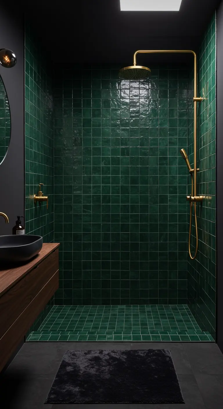 Walk-in shower completely tiled in glossy, dark green square tiles with brass fixtures.