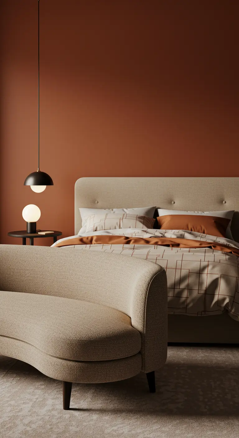 A bedroom with terracotta walls, matching bedding, and a curved cream settee at the foot of the bed.
