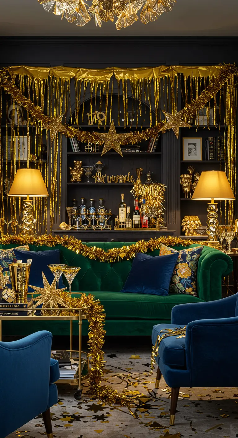A living room with a bar station heavily decorated with gold tinsel and foil.