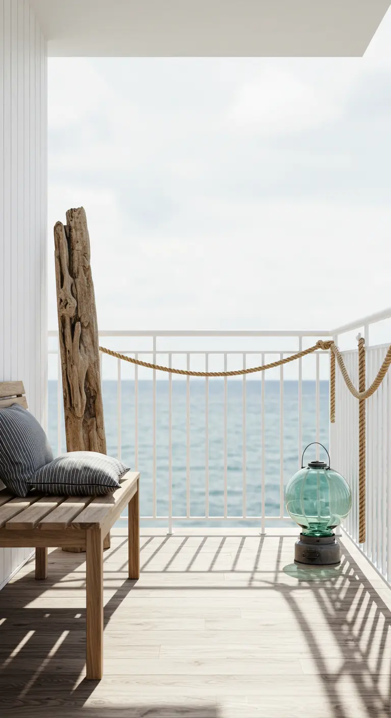 A minimalist balcony with a teak bench, a piece of driftwood, and a large green lantern.