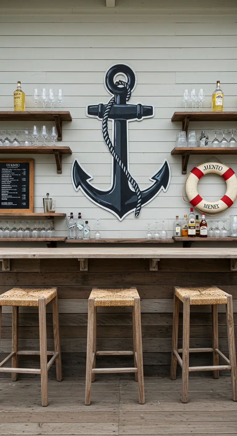 Outdoor bar with a large black anchor decoration on the wall behind it.