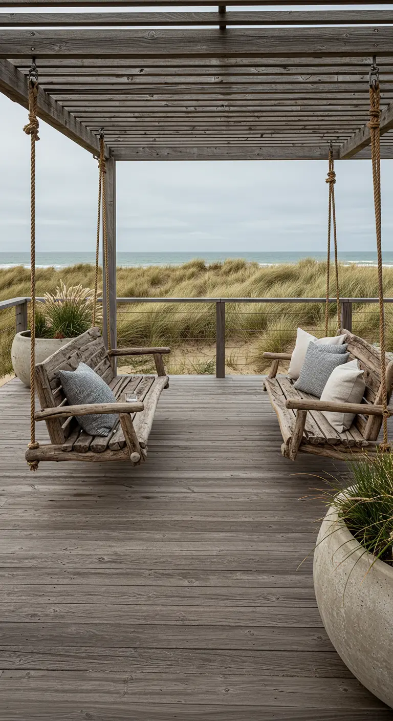 Two weathered driftwood swing benches with gray cushions overlooking sand dunes.