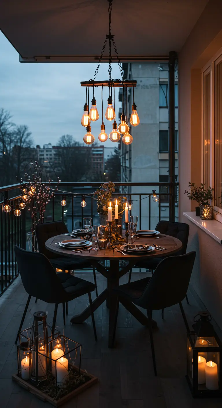 A balcony dining setup with a round table and a hanging chandelier made of many Edison bulbs.