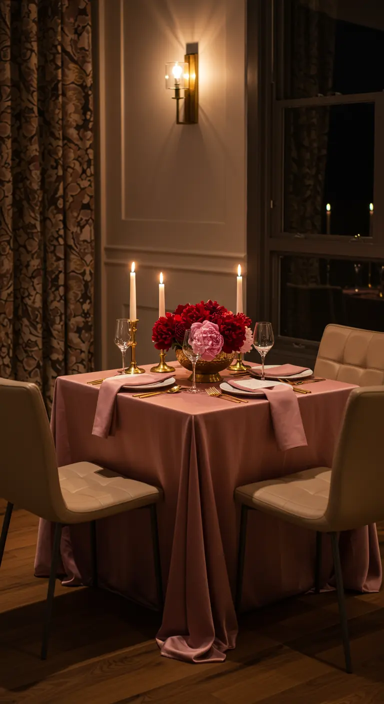 An intimate indoor table setting for two with a dusty rose tablecloth and red peonies.