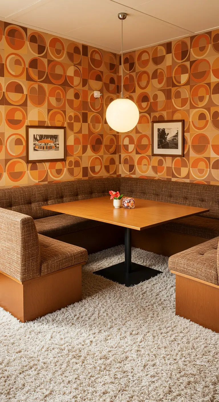 A 1970s-style dining booth with geometric wallpaper in brown and orange tones.