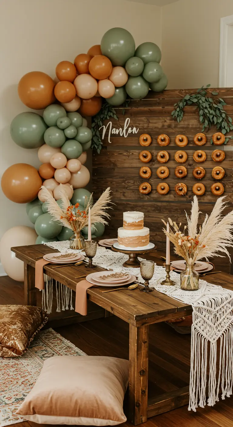 A rustic wooden donut wall decorated with a balloon arch in earthy tones and pampas grass.