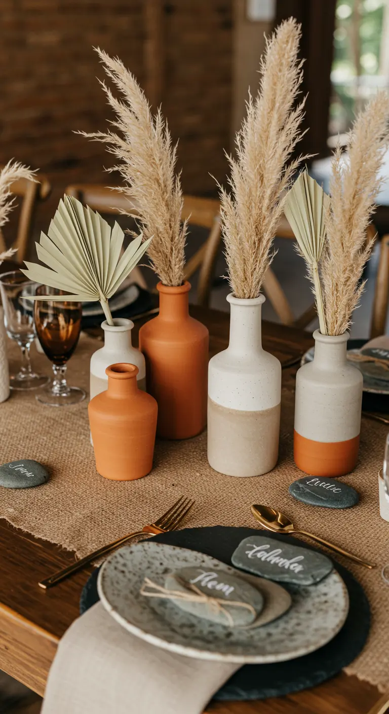Boho tablescape with pampas grass in ceramic vases and names written on stones as place cards.