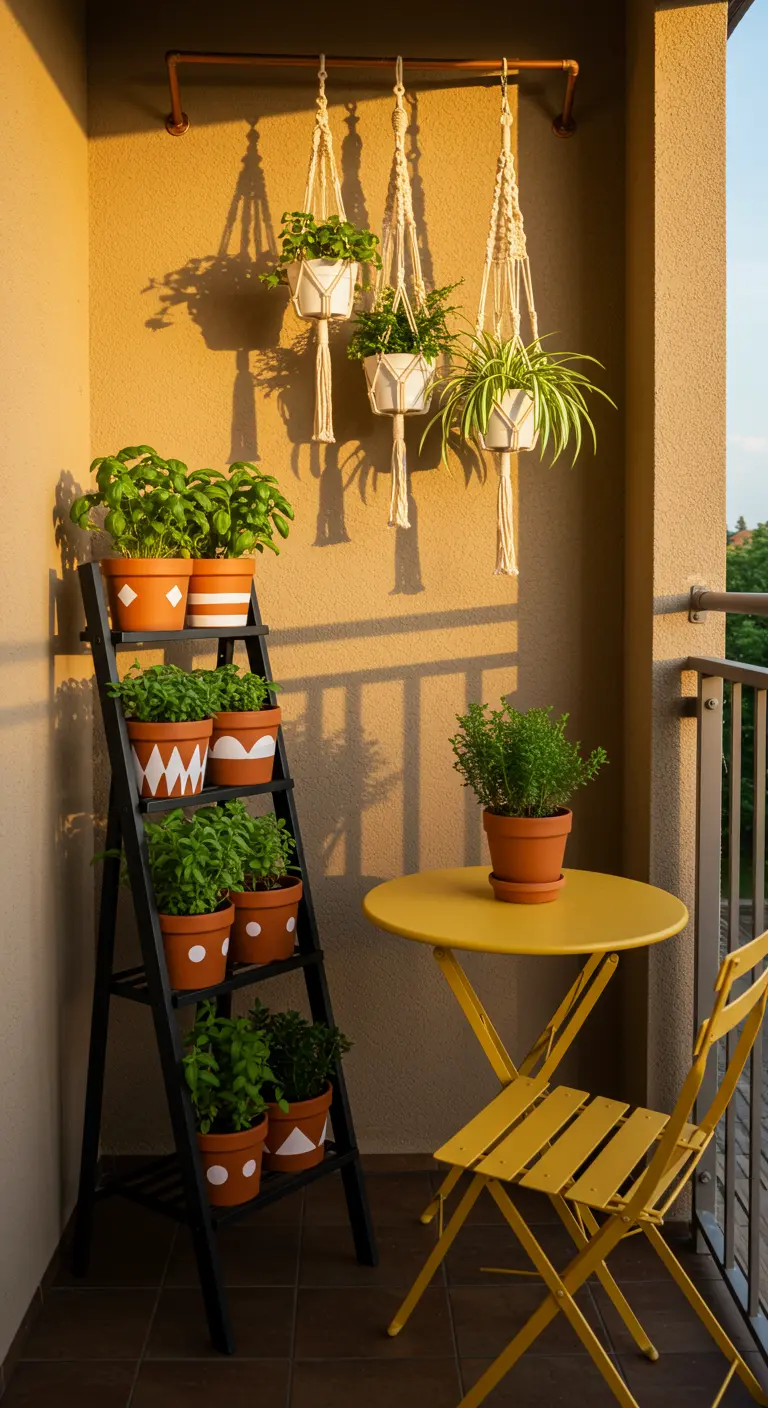 Black ladder shelf with patterned terracotta herb pots and macramé hangers.