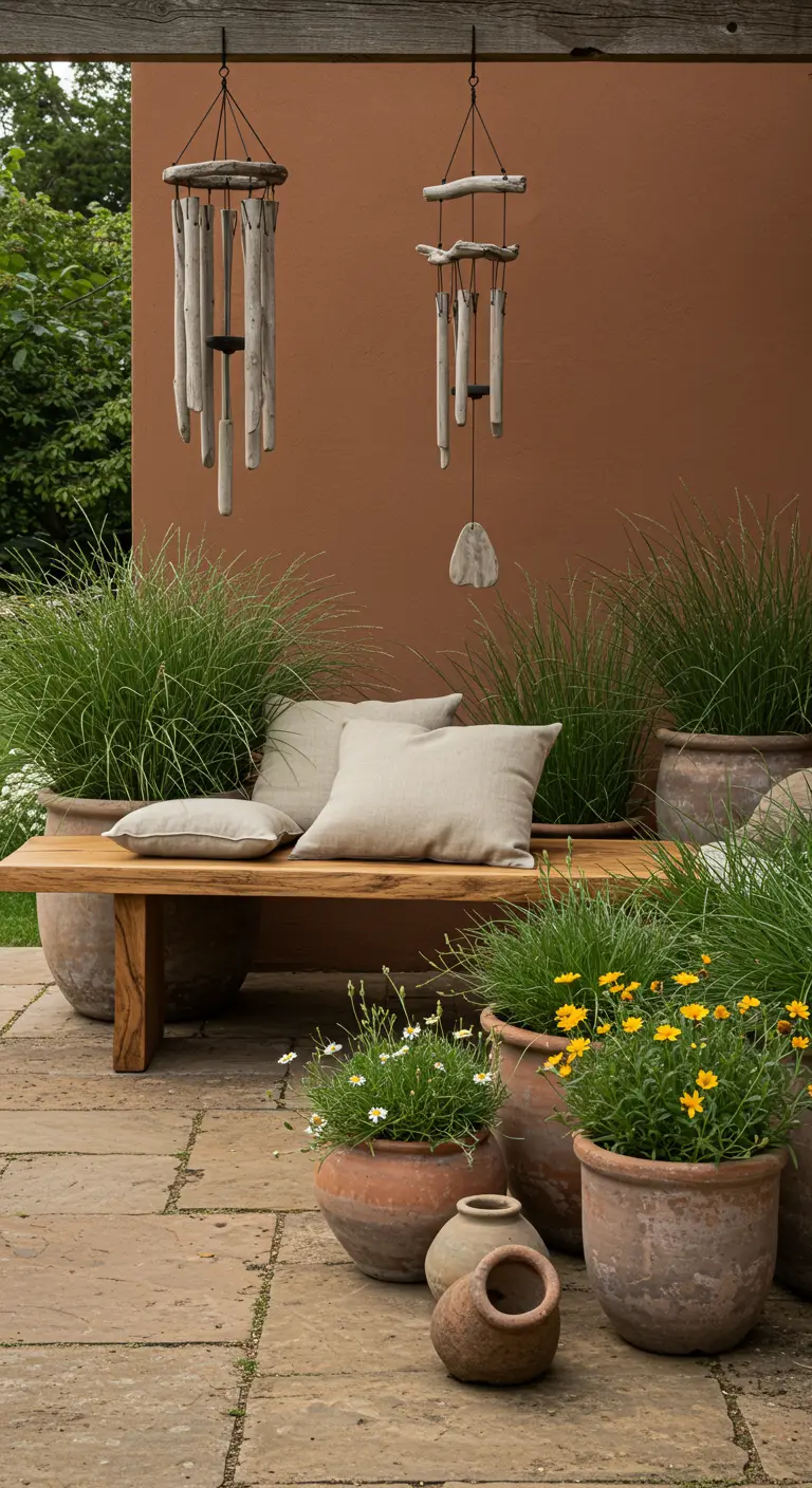 A rustic patio with a wooden bench, terracotta pots, and driftwood wind chimes.