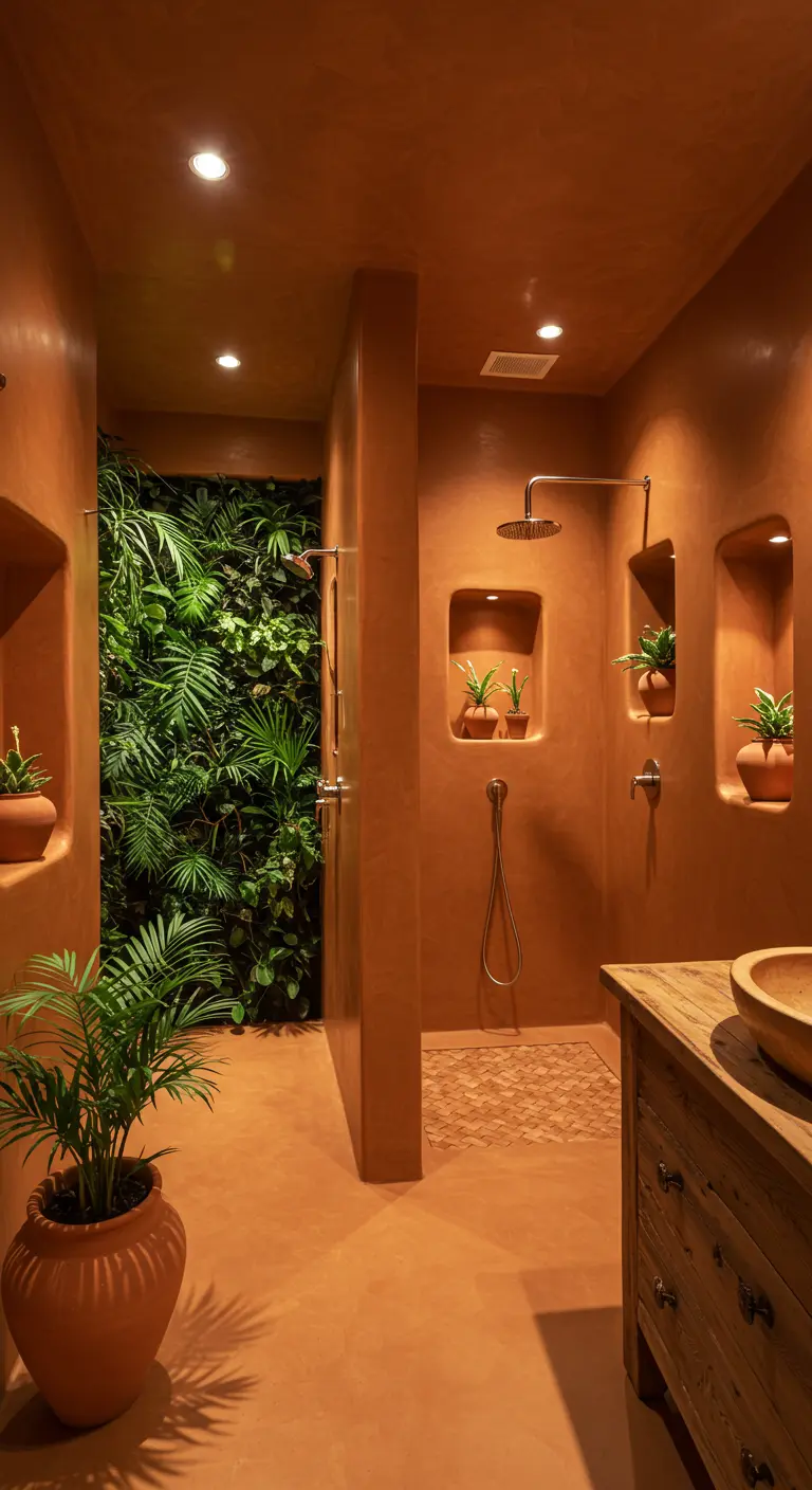 Walk-in shower with terracotta-colored walls and a lush green plant wall inside.