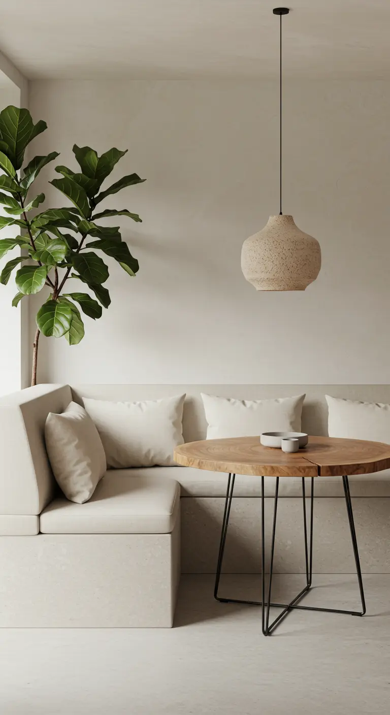 A minimalist dining corner with a live-edge wood table and a stone-textured pendant.