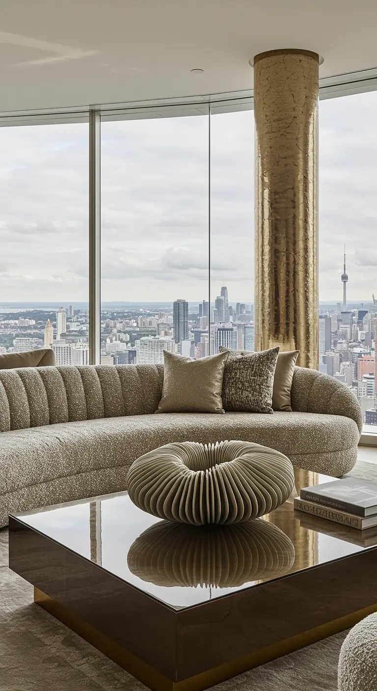 Curved sofa and sculptural ceramic on a glass table overlooking a city skyline.