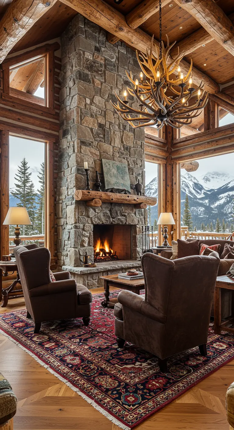 Suede wingback chairs face a massive stone fireplace in a rustic log cabin living room.