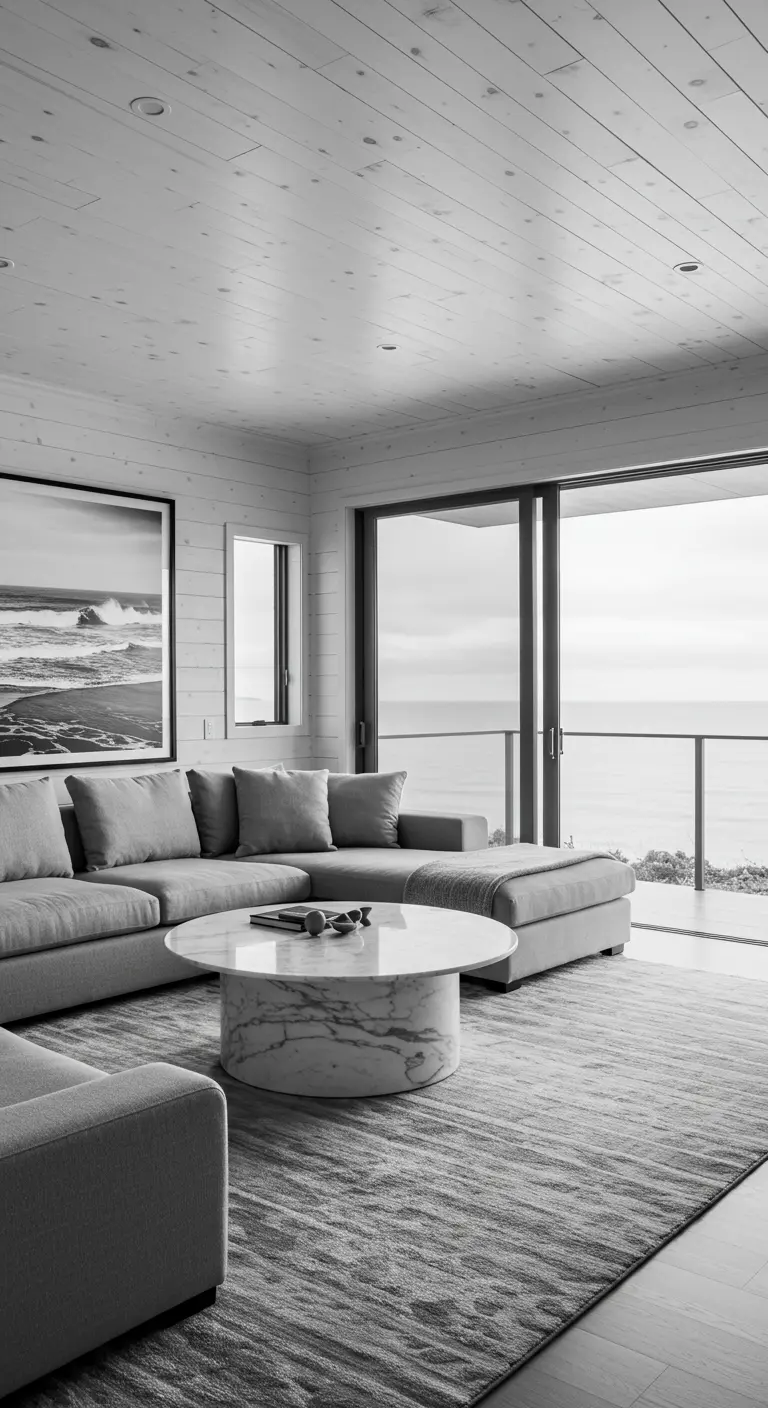 Black-and-white living room with a gray sectional overlooking the ocean and a round marble table.