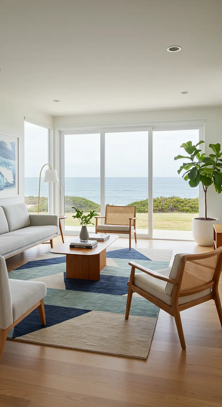 Coastal living room with light wood furniture, ocean view, and a blue and green geometric rug.