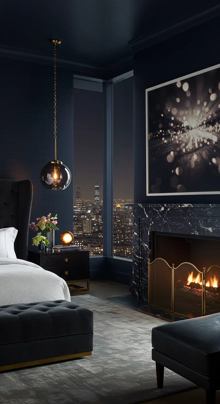 Dark blue bedroom with a fireplace, a large window with a city view, and abstract art.