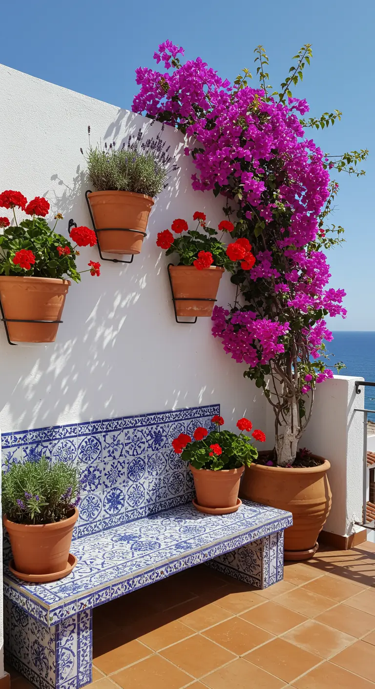 Blue and white tiled bench on a sunny terrace with bougainvillea and geraniums.