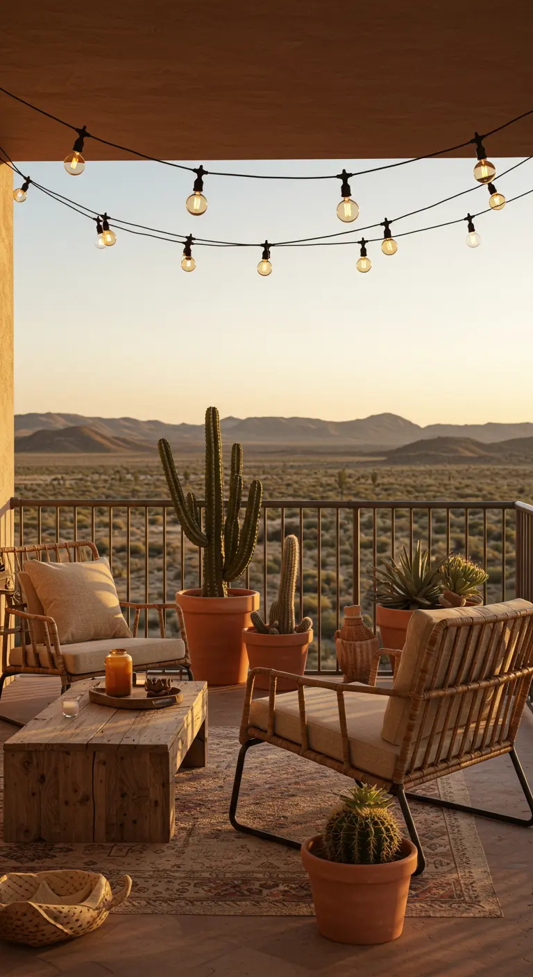A desert-style balcony with rattan chairs, cacti in terracotta pots, and a mountain view.